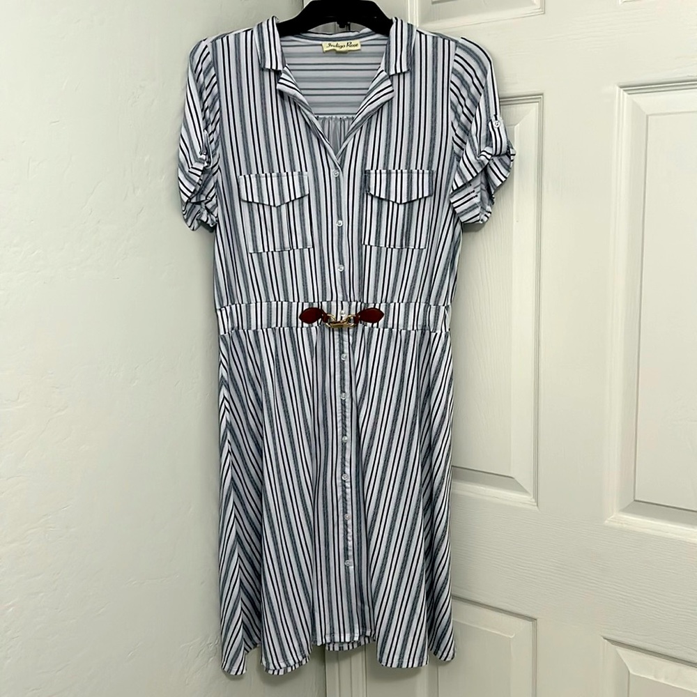 Collared white and navy blue stripped dress. Buttons and belt accents.